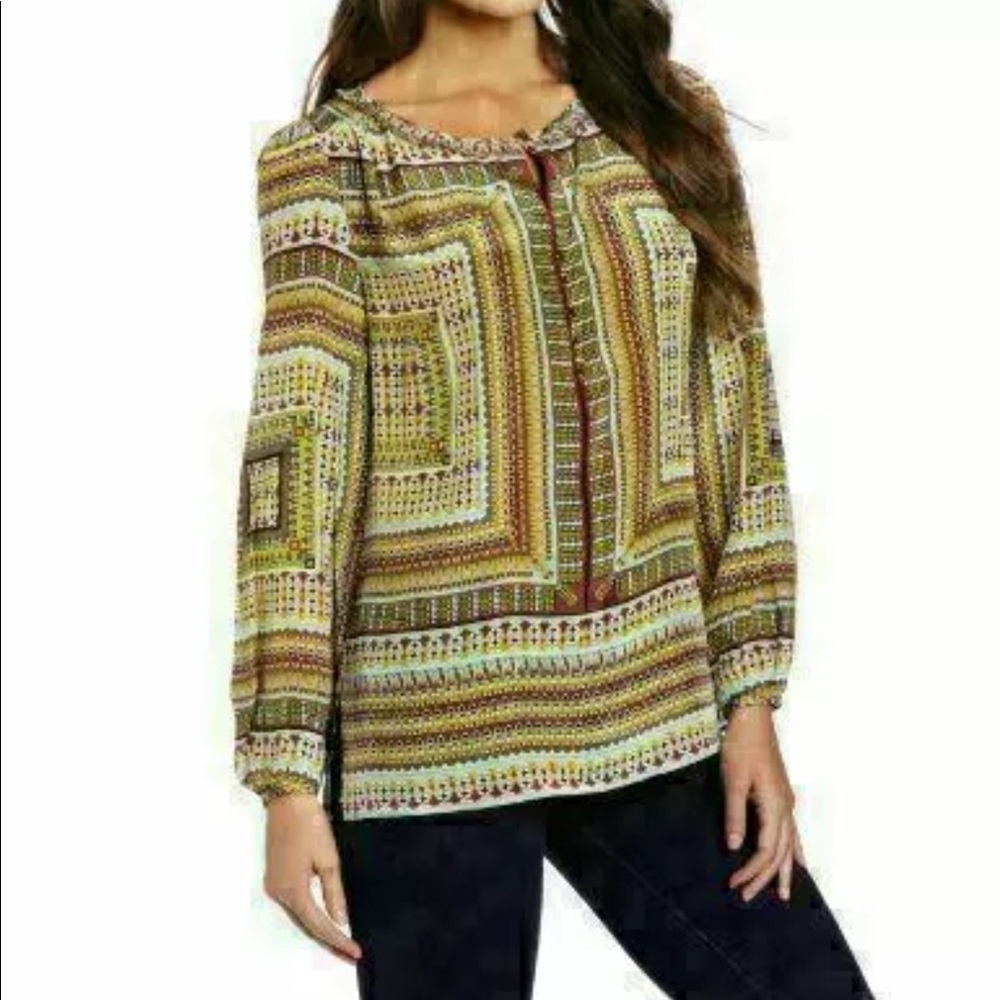 Robert Graham Silk Navajo Tribal Brass Button Blouse